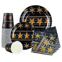 Christmas Plates Disposable Dinnerware Party Set Black and Gold Frost Snowflake Design for 20 Guests Includes Paper Plates, Cups and Napkins