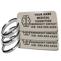 My Identity Doctor - 3 Custom Engraved Medical Alert ID Keychain Tags, Plastic, Rectangle, Gray, Small, 2.25 x .79 Inch, 3 Pack