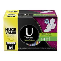 U by Kotex CleanWear Ultra Thin Pads with Wings, Heavy Flow, Fragrance-Free, 64 Count