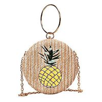 Fashionhe Women Beach Round Handbag Pineapple Woven Bag Burlap Bag Messenger Bag Clutch Bags (Khaki)