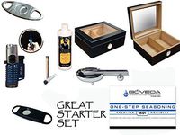 50 Count Cigars Glasstop Deep Black Humidor Cutters Lighter Cigar Caddy Gift Set & Calibration Kit ashtray