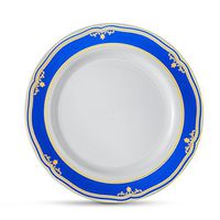 [20 Count - 6" Plates] Laura Stein Designer Tableware Premium Heavyweight Plastic White Dessert Plate With Blue & Gold Border Plastic Party & Wedding Plate Cobalt Blue Series Disposable Dishes