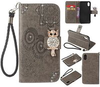 Cfrau Diamond Kickstand Case with Black Stylus for iPhone XS/X,Luxury Embossed Crystal 3D Owl Flower Bling Glitter Wallet PU Leather Shockproof Soft TPU Wrist String Case - Gray