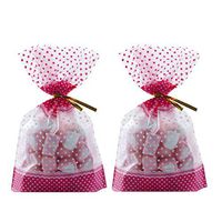 HeiHy 50 Pcs Pink Dot Cellophane Treat Bags Flat Cello Bags OPP Bags Food Packaging Bag with Golden Twist Ties