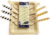 Perfect Stix Game Day 24-Michigan Tailgate Party Pack, 24 Pack Flexible Paper Straws, 24 Count Cutlery Set with Michigan Colors, 24 Count 10" Wooden Plates, 24 Pack 6" Cocktail Stirrers (Pack of 96)