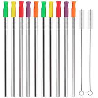 HuaQi Stainless Steel Metal Straws with Silicone Tips Set of 10 Straight Reusable Drinking Straws for Yeti 20oz 30oz Tumblers (10.5'' L 0.24''Dia Straws+ 2 Brushes)