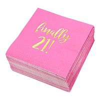 Birthday Party Cocktail Napkins - 50 Pack Gold Foil Finally 21 Disposable Party Napkins, Perfect for Girls 21st Birthday Decorations and Dinner Party Supplies, 5 x 5 inches, Hot Pink
