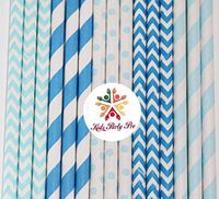 125 pcs Mixed Little Boy Blue Paper Straws, Royal Blue Striped Chevron Light Blue Stripe Dot Zig Zag Beverage Paper Drinking Straws Bulk, Birthday Party Baby Shower Cake Pop Sticks