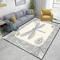 Dragonfly Patchwork Runner Rugs, Hand Drawn Royal Ancient Style Rose Petals Leaves and Ornate Figures Design, Durable Rugs - Living, Dinning, Office, Rooms & Bedrrom, Hallway Carpet(3'x 5')