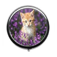 The cat is in The Purple Flower Pill Box/Pill case-Round Pill Box/case- Three-Compartment Pill Box/Pill case