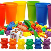 Skoolzy Rainbow Counting Bears with Matching Sorting Cups, Bear Counters and Dice Math Toddler Games 71pc Set - Bonus Scoop Tongs, Storage Bag