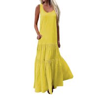 Sunhusing Women's Bohemian Casual Wind Long Maxi Dress Sleeveless Low Cut Ruffles Baggy Floor-Length Dress Yellow