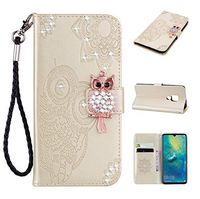 Strap Diamond Wallet Case for Huawei Mate 20,Aoucase Luxury 3D Owl Bling Gems Magnetic Cute Mandala Print PU Leather Soft TPU Stand Flip Case with Black Dual-use Pen - Gold