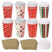 Disposable Coffee or Hot Chocolate Cups and Lids - Holiday Design (12-ct with Blank Kraft Sleeves)