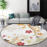 RUGSMAT Floral Modern Machine Washable Round Bath Mat,Swirling Florets Fragrance Botanical Beauty with Wavy Lines Butterflies Spring Theme Non-Slip Soft Floor Mat Home Decor,Diameter-39 Inch