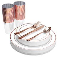 150 Piece Plastic Plates, Silverware & Cups Set - Bulk Rose Gold Rim Dinner & Salad Disposable Plates, Cups, Spoons, Forks & Knives for Wedding or Party