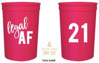 Legal AF 21st Birthday Party Cups and 1"Buy Me a Shot I'm 21" Button! Set of 12, 16oz White and Gold 21st Birthday Stadium Cups, Perfect for Birthday Parties, Birthday Decorations! (Pink)