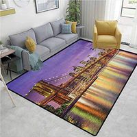 YucouHome New York Flowers Area Rug Nonslip Pads, NYC Exquisite Skyline Manhattan Broadway Old Neighborhood Tourist Country Print, Fashionable High Class Living Dinning Room(4'x 6') Purple Gold