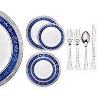 Royalty Settings Royal Collection Premium Plastic Plates for Parties for 40 Persons, Includes 40 Dinner Plates, 40 Salad Plates, 80 Forks, 40 Spoons, 40 Knives, Blue/Silver
