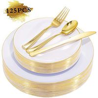 NERVURE 125 White with Gold Rim Plastic Plates&Disposable Gold Dinnerware Set - 25 Guest Gold Rim Plastic Plates - 25 Gold Plastic Silverware-Ideal for Weddings & Parties