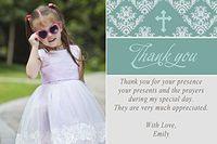 30 Personalized Thank You Cards Teal Green Vintage Damask Cross Picture Design Holy Communion Party Baptism Christening Religious Event Photo Paper