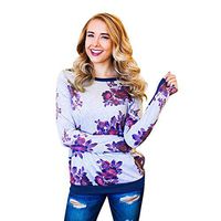 Xia&Han Women's Floral Printed Sweatshirt O Neck Blouse Long Sleeve Tops Casual Pullover Loose Tunic Shirt Blue