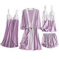 Viviplus 4PC Set Women's Satin Lace Camisole Bowknot Shorts Nightdress, Robe Pajamas Lingerie Simulation Plus Babydoll Nightie