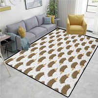 YucouHome Hedgehog Sports Door Mats Inside Non Slip, Cartoon Style Porcupine Mascots with Tiny Little Swirls and Leaves, Fashionable High Class Living Dinning Room(3'x 8') Caramel Pale Brown White