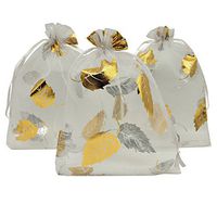 Ankirol 100pcs Sheer Organza Favor Bags White Gold Leaf Bags for Wedding Baby Shower Gift Bags Samples Display Drawstring Pouches (4x6 inch)