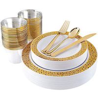180pcs Plastic Gold Lace Plates, Gold Plastic Silverware, Gold Plastic Cups, Disposable Party Flatware, Durable Wedding Plates and Cutlery Set, Supernal