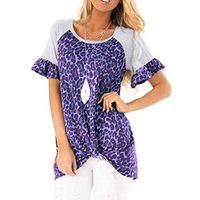 Meikosks Women's Leopard Patchwork Short Sleeve T-Shirt Summer Round Neck Blouse Knotted Tops Blue