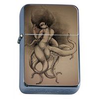 Classic Octopus Kraken Drawing Flip Top Oil Lighter S1 Smoking Cigarette Smoker Includes Silver Case