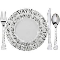 Tiger Chef Heavy Duty Silver Hammered Rim Disposable Party Supplies Set Service For 60 Guests Includes 60 10.25" Dinner Plates 60 7.5" Plates 60 Cutlery Sets Forks Spoons Knives BPA-Free 300-Pack