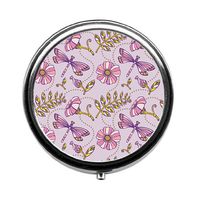 Round Pill Case - Flowers Leaves and Dragonflies Custom Fashion Style Pill Box - 3 Compartments Pill Box/Pill case