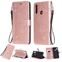 Amocase Wallet Leather Case with 2 in 1 Stylus for LG W30,Premium Strap 3D Butterfly Magnetic PU Leather Stand Shockproof Card Slot Case for LG W30 - Rose Gold