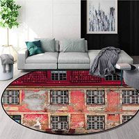 Urban Modern Machine Washable Round Bath Mat,Old Aged Building In Ancient City Tallinn Estonia Antique Structure Windows Non-Slip Living Room Soft Floor Mat Diameter-24 Inch,Ruby Pink Sky Blue