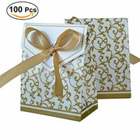 UEETEK 100pcs Gold Ribbon Wedding Favor Boxes Sweet Cake Gift Candy Boxes Bags Anniversary Party (Golden)
