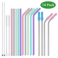 Tomight Set of 14 Reusable Straws, 10 Silicone Drinking Straws & 4 Metal Straws with 4 cleaning Brushes , 1 Pouch, Perfect for 30oz or 20oz Tumblers