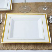 BalsaCircle 20 pcs 8-Inch White with Gold Trim Plastic Square Plates - Disposable Wedding Party Catering Tableware
