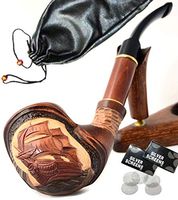"Ship" pear wood hand carved wooden tobacco smoking pipe + Pouch