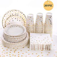 201Pcs Gold Dot Disposable Party Supplies, Paper Plates, Napkins Cups, 1 Plastic Tablecloth, 50 Dinner Plates, 50 Dessert Plates, 50 9 oz Paper Cups, 50 Luncheon Napkins, for Baby Shower Wedding Party