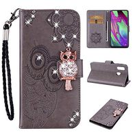 Amocase Wallet Case with 2 in 1 Stylus for Samsung Galaxy A40,3D Bling Gems Owl Magnetic Mandala Embossing Premium Strap PU Leather Card Slot Stand Case for Samsung Galaxy A40 - Gray