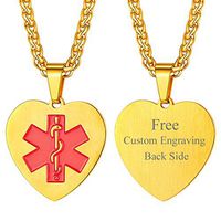 Heart Caduceus Medical Alert Necklace EMC Jewelry Personalized Medic Message Engrave 18K Gold Plated Tag for Diabetes/Epilepsy/Allergies/Heart Disease/Pacemaker