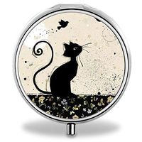 IMLONE Pill Organizer, Customized Black Cat Pill Boxes with 3 Components and Mirror for Travelling and Daily Needs