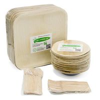 Party Set of 100 Eco-Friendly Dinnerware - 10" Palm Leaf Square Dinner Plates (25) & 6" Bowls (25), Wood Forks(25) & Spoons (25) - Elegant - Disposable - Compostable