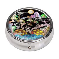 Mother of Pearl Longevity Long Life Emblems Pill Box - Compact 3 Compartment Portable Round Travel Camping Vitamin Medicine Case Holder Container Organizer for Pocket Purse