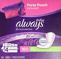Always Dailies Xtra Protection Long Pantiliner Dri-liners, 160 Count + Bonus Purse Pouch