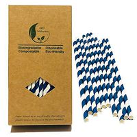 Navy Blue Disposal Paper Straw, Enviroment White Swirl Striped Drinking Straws, Aegean Blue 7.75inch for Normal Size Drinking