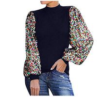 Kiyotoo Women Fashion Mock Neck Lantern Sleeve Sweatshirts Sequins Colorblock Insert Top Blouse Pullover Shirt Navy