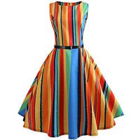 Danhjin Vintage Tea Dress Striped Print Sleeveless Garden Retro Swing Prom Party Cocktail Wrap Dress for Women